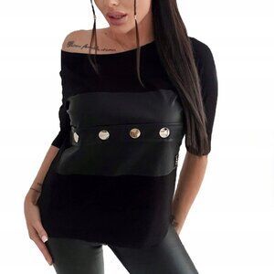 Black Faux Leather Accent  Top with Button Detail size S /M